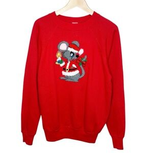 Vintage 70s 80s Kitschy Christmas Santa Mouse Embroidered Sweatshirt Size Large